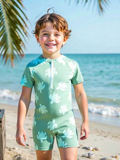 Young Boy Cartoon Turtle Print One-Piece Swimsuit, Summer Beach Vacation, Swimming Pool, Boys' Swimwear