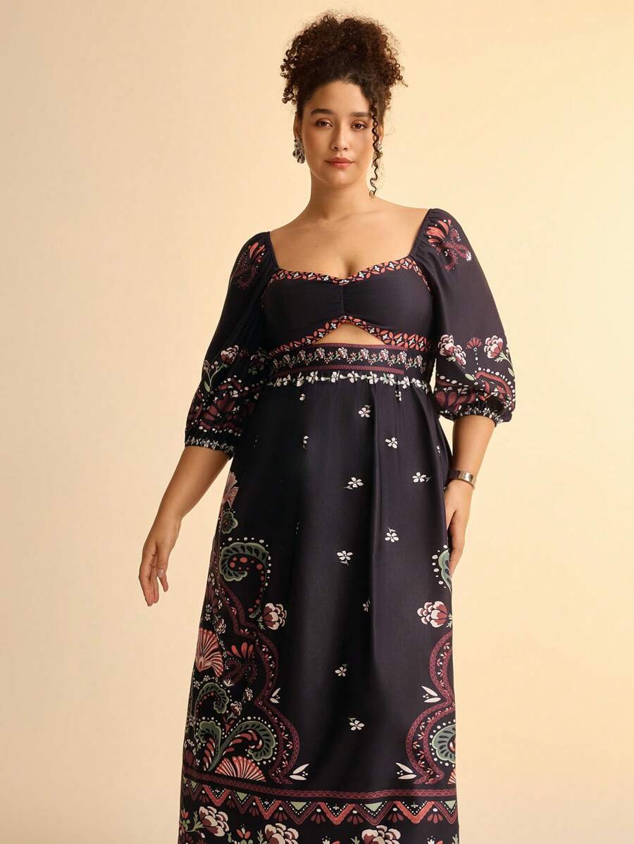 CAJUNI 大码女式波西米亚风复古花卉印花镂空胸前灯笼袖连衣裙 - 彩色 - 查看 1