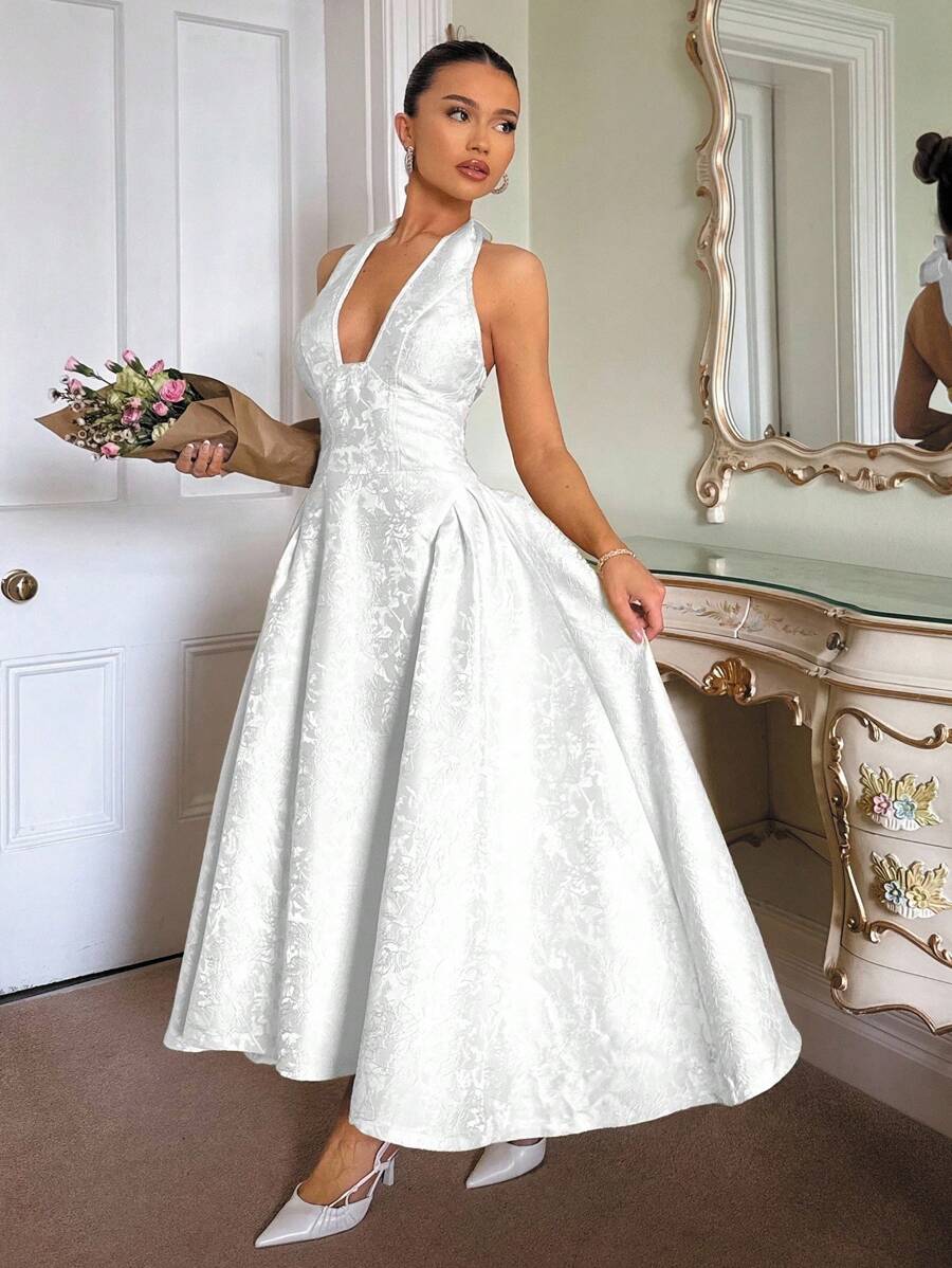 Glamine Vintage 3D Embossed Floral Print V-Neck Sleeveless A-Line Dress For Women White Elegant Dress Elegant White Dress Satin White Dress Elegant Women's Jacquard Satin Halter Tie-Up Party Dress, Fit For Daily Wear, Dating, Outing, Nightclub, Party, Princess Style With Bow Accent, Autumn Dress, Halloween Costume,Summer Dresses For Women,White Graduation Dress,Backless Dress White Evening Gown White Halter Dress White Midi Dress