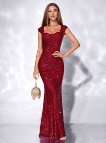 SHEIN Belle Váy dạ hội trang trọng cổ yếm nàng tiên cá màu đỏ tía cho tiệc năm mới, khách dự tiệc cưới - Màu Đỏ Sâu - Xem 3