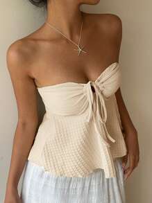 Siren Gaze Áo thun nữ màu trơn buộc vai phía trước có họa tiết xếp nếp - Màu be - Xem 5