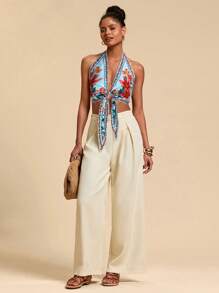 Travachic 女式露背花卉印花性感时尚度假上衣，女士夏季，夏季，度假女士，夏季上衣 - 藍色 - 查看 3