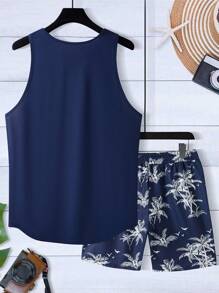 Manfinity RSRT Men's Coconut Tree Printed Sleeveless Tank Top And Shorts Set, Hawaiian Suit, Summer Two Pieces Set Beach Vacation Outfits, Cozy Outfits