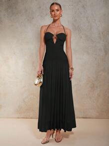 Váy hở lưng không tay cho nữ có chi tiết vòng kim loại, màu trơn, thời trang mùa hè - màu đen - Xem 4