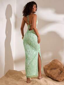 Opulessa Mint Green Summer Elegant Seductive Vacation Holiday Dress For Women,Solid Color Beaded Open Back Flower Shiny Sequin Birthday Airport Outfits - Green - View 2