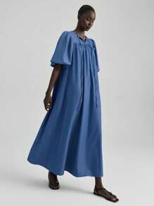 Ontre Elegant Aqua Blue Autumn Vacation Long Dress For Women,Denim Effect Pleated Loose Puff Sleeves Chic Office Tea Party Outfit Everyday Independence Day - Medium Wash - View 1