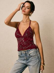 Poéselle Blusa de escote halter y espalda descubierta con cuentas, ideal para vacaciones