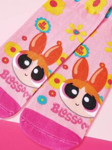 THE POWERPUFF GIRLS X SHEIN Calzini corti carini con motivo a margherite rosa e design cartoni animati - Rosa - Visualizzare 1