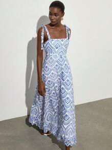 Aveloria Modichic Đầm dài hở vai thêu ren trang trí ngày nghỉ bó sát eo xòe - Xanh đậm - Xem 2