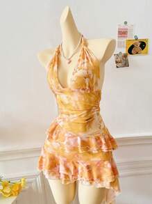 SHEIN Unity Women's Asymmetrical Ruffle Hem Vacation Dress - Yellow - View 4