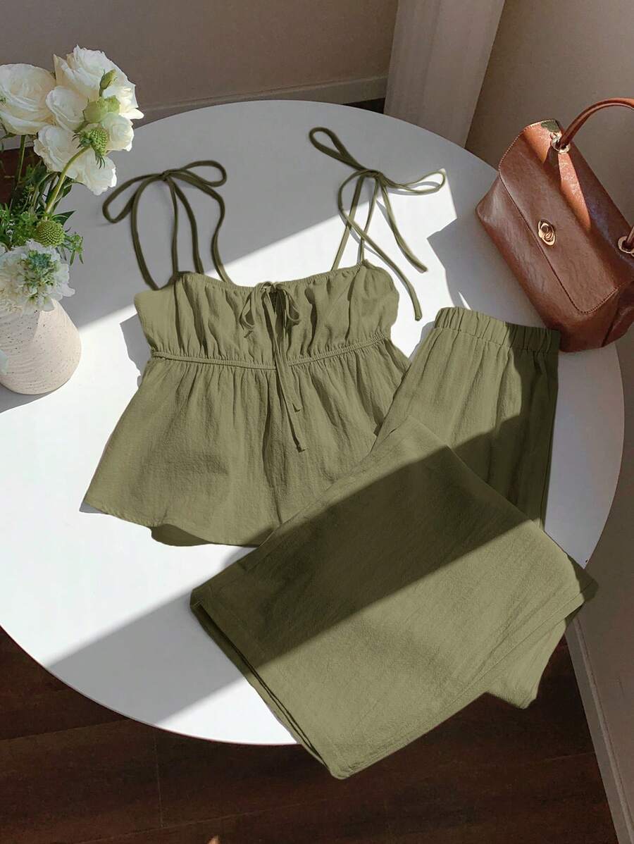 Comfortcana Linen Tank Top And Long Pants Set, Summer - Army Green - View 1