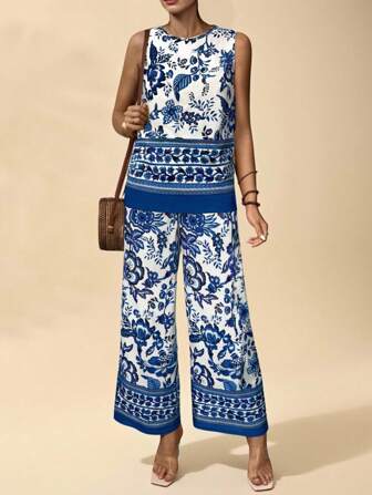 Vesra 2pcs Women's Casual Floral Print Palazzo Pants & Wide Leg Trousers Set