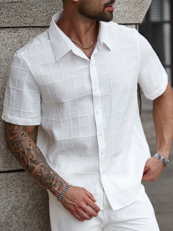 Manfinity CasualCool Plus Size Men's Solid Color Single-Breasted Casual Tops, Summer, Men Summer Shirt, Textured Mens Shirt