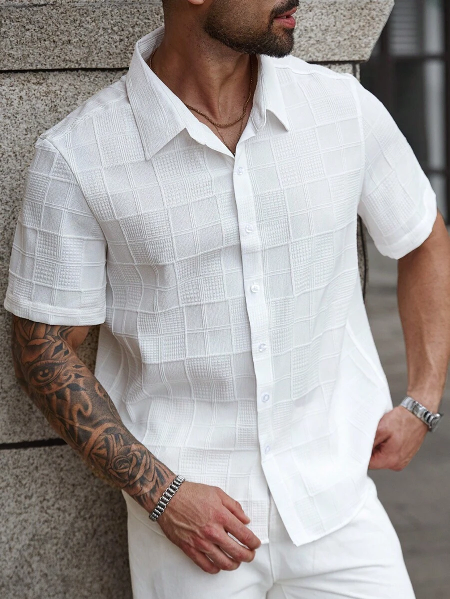 Manfinity CasualCool Plus Size Men's Solid Color Single-Breasted Casual Tops, Summer, Men Summer Shirt, Textured Men Shirt - White - View 1