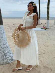 DAZY Vestido midi de verano para mujer con cuello en V, sin mangas, dobladillo con volantes, cintura ceñida y decoración floral - Blanco - Ver 4