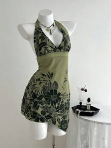 Elamini Đầm ngắn hở lưng in họa tiết hoa đơn giản không tay cho nữ - màu xanh lá - Xem 5
