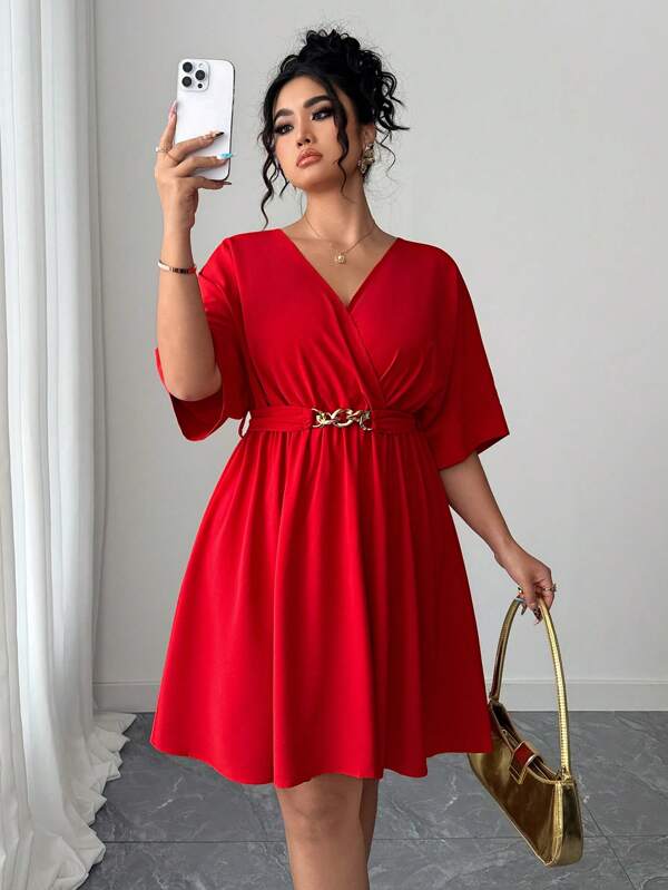 Elenzga Rochie de seară roșie elegantă, scurtă, cu decolteu în V, pentru femei, mărime plus, talie, elegantă, de vară