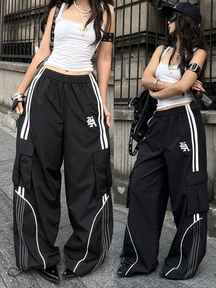 Coolane 女式夏季外出节返校节比赛日刺绣图案宽松工装裤 - 黑色 - 查看 1