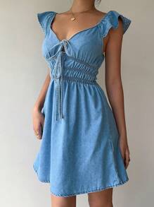 Aloruh Women Casual Fitted Mini Denim Dress, Blue, Night Out - Blue - View 5