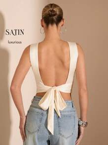 SHEIN BAE 乡村节日服饰 海滩女士服饰 夏季服饰 露背领结上衣 - 杏色 - 查看 1