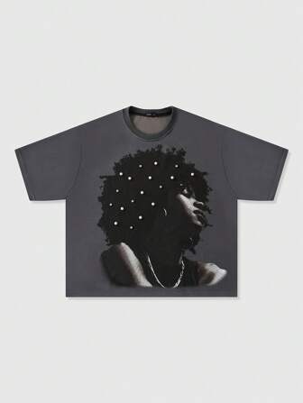 Street Life Men's Street Character Short Sleeve T-Shirt With Printed Rhinestone Pattern