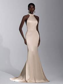 Elitara Elegant Light Peach Satin Halter Backless Maxi Dress,Pearl Chain Chic Fitted Mermaid Tail Gown For Wedding Guest,Formal Evening Gala & Parties - Apricot - View 4