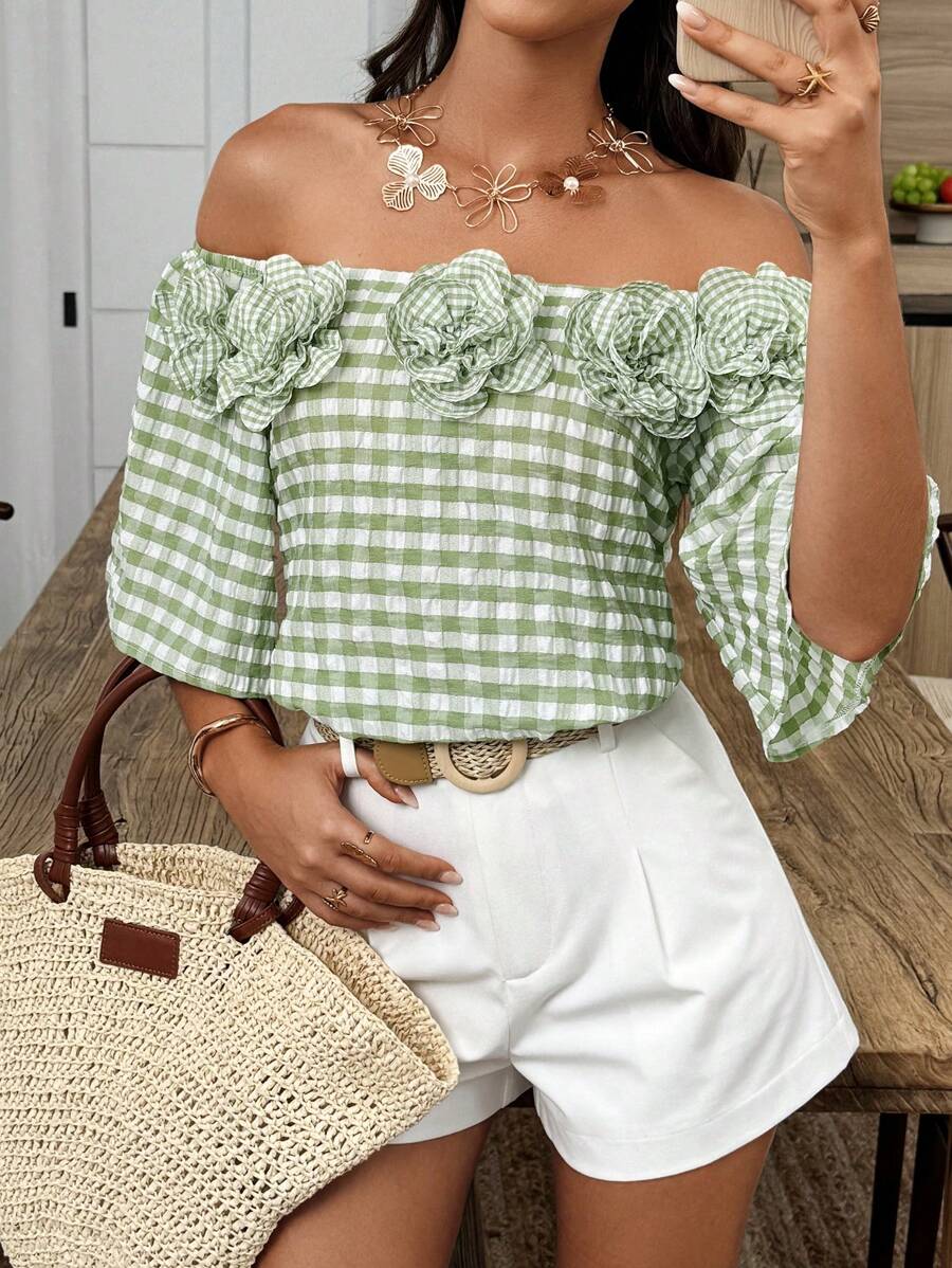 SHEINBlues Blusa de hombros descubiertos con estampado floral a cuadros y aplicaciones - Verde - Ver 1