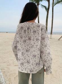 DAZY Camisa de manga larga con cuello redondo y manga acampanada con estampado floral y botánico todo sobre para mujeres, ropa de mujer de otoño estilo bohemio - Morado - Ver 2