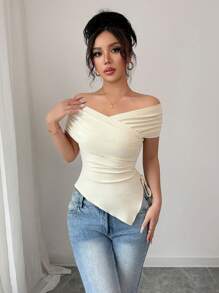 SHEIN Raffinéa Áo thun nữ hở vai tay ngắn bó sát khi đi làm, mùa hè - Màu be - Xem 5