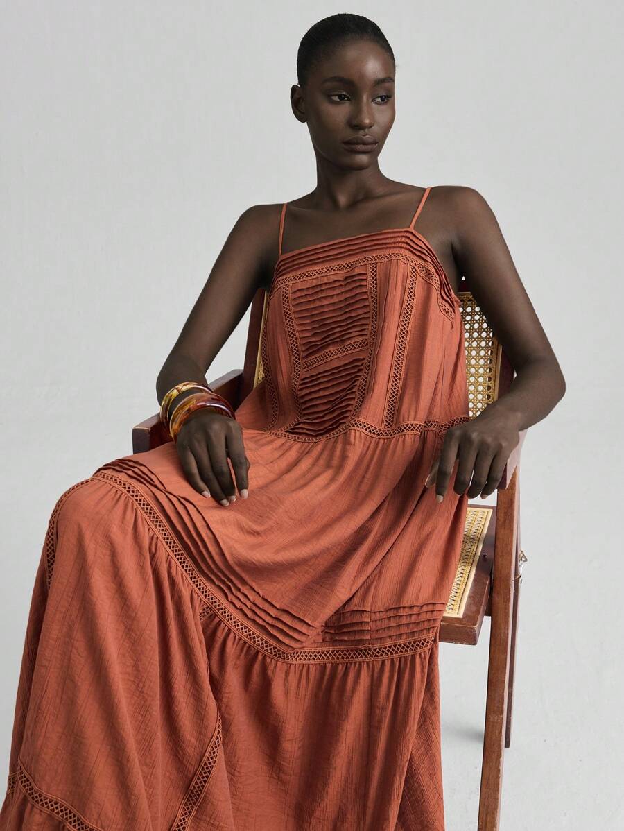 Ontre 2026SS New Women's Long Dress, Summer Vacation Oblique Pocket Ruffle Hem Loose Strap Elegant Dress, Beach Dress, Daily Dress, Women's Summer Dress, Elegant Dress, Women's Casual Dress, Women's Extra Long Dress, Vacation Dress, Wedding Event Dress - Brown - View 1