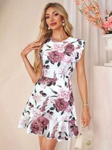 SHEIN Clasi Vestito mini attillato da donna con scollo a barchetta, maniche a campana e stampa floreale rosa e bianca