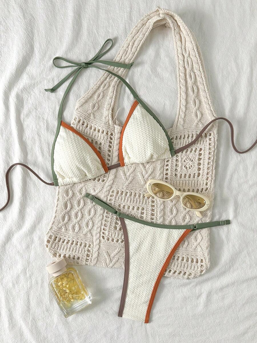 Swim Mod Women's Contrast Color Trim Halter Knotted Separate Bikini Swimwear For Summer Beach Vacation - Multicolor - View 1