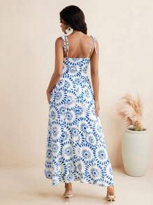 Kiitan Luxe Robe longue femme à ligne évasée avec imprimé floral éclat bleu et bretelles en nœud, idéale pour l'été et les vacances