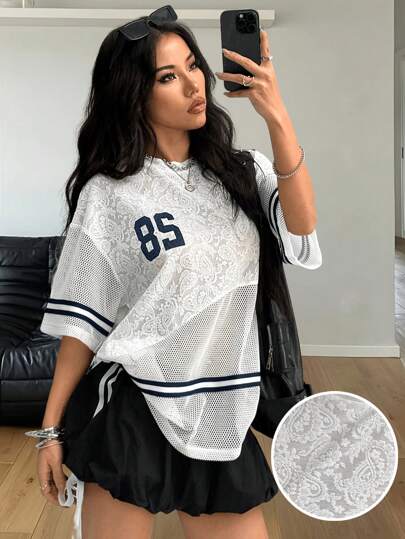 Coolane Áo thun nữ họa tiết kẻ ô lưới thoáng khí họa tiết số vá kết cấu trang trí họa tiết sọc mùa xuân/hè