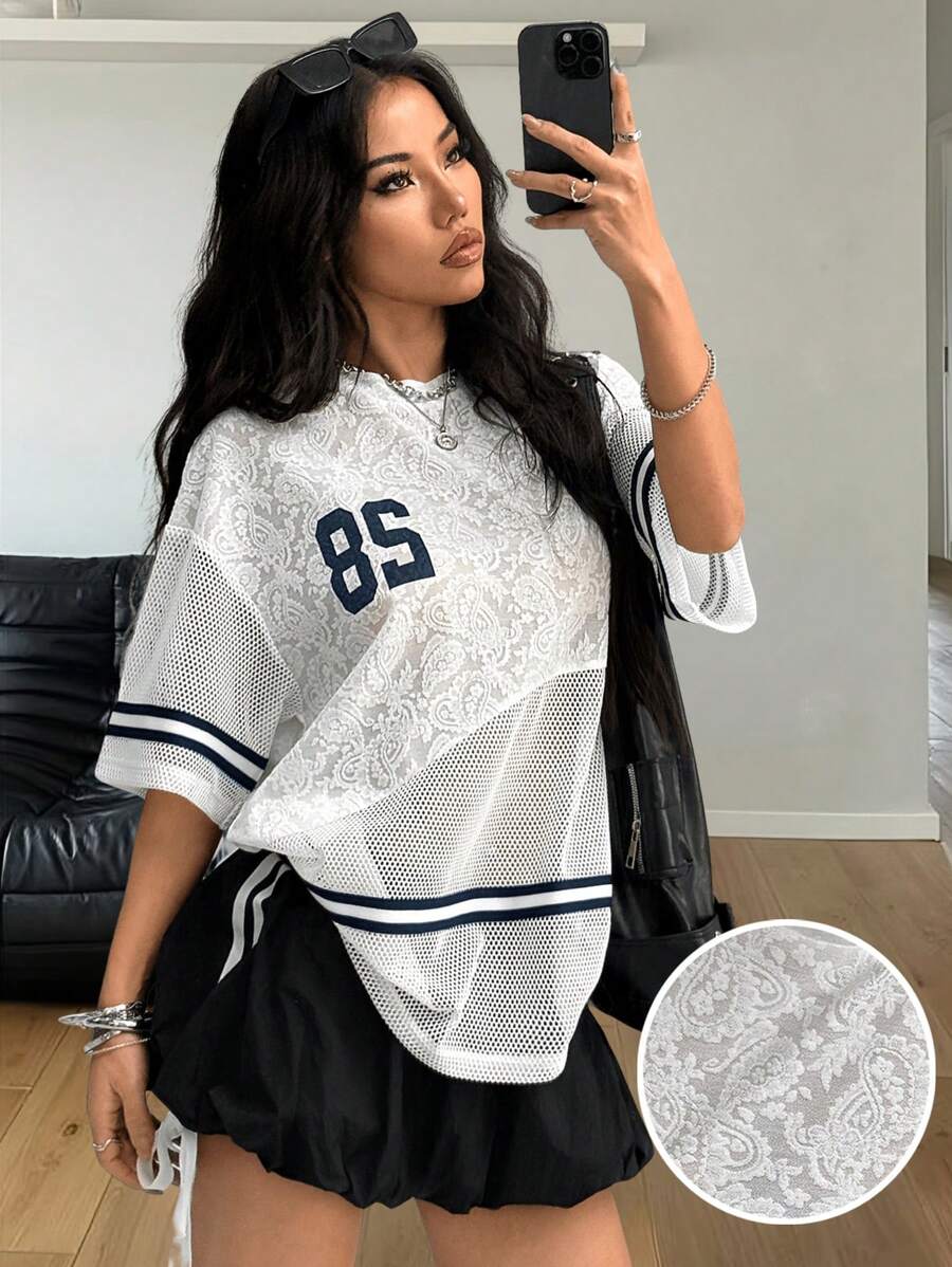 Coolane Women's Spring/Summer Festival Streetwear Athleisure Breathable Mesh Number Pattern Textured Patchwork Banded Texture Decoration T-Shirt - White - View 1