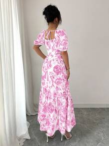 Elenzga Women's Elegant Floral Print Square Neck Puff Sleeve A-Line Long Dress, Suitable For Outing In Spring And Summer - Pink - View 2