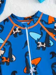 Toddler Boys' Animal Print Long Sleeve One-Piece Swimsuit With Hat, Sun Protection For Vacation - Multicolor - View 3