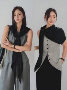 Dazy-Less 1 件女士缎面素色优雅披肩腰带，休闲商务通勤约会装 - 黑色 - 查看 4