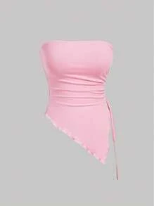 SHEIN MOD Top bustier con pliegues en la cintura atada a los lados, top tubo con estampado retro, top de otoño, top para salir, top de tirantes marrón