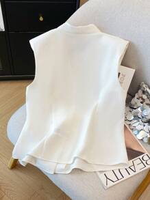SHEIN PETITE Elegant V-Neck Sleeveless Blouse For Women, Waist-Defining, Spring/Summer - White - View 2