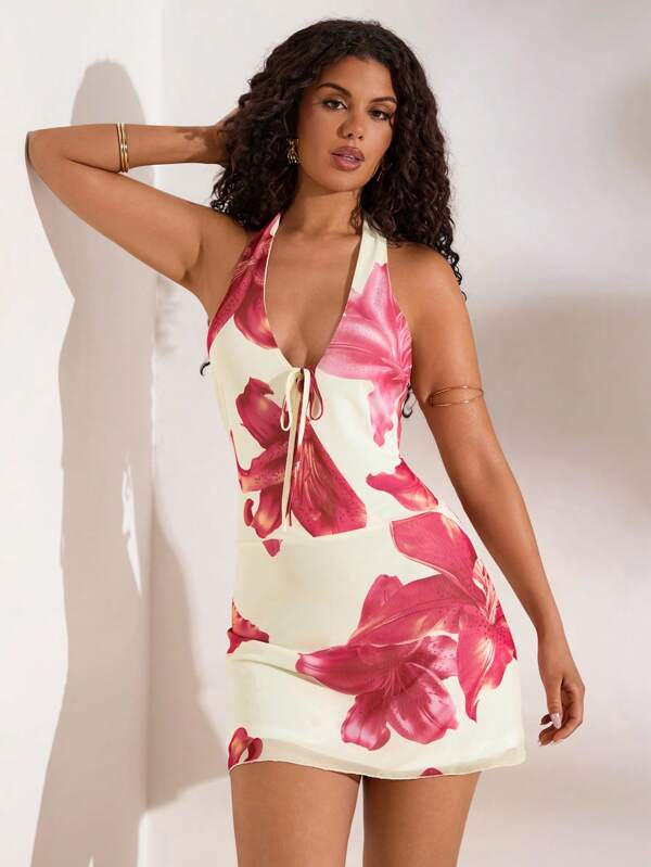 Opulessa Rochie mini fără mâneci, fără spate, cu imprimeu floral pentru femei