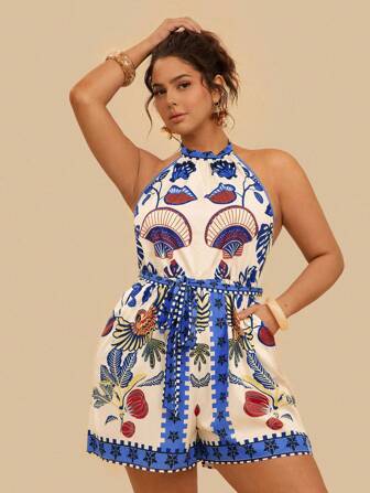 Travachic Damen Große Größen bunter tropischer Papagei Muster Träger V-Ausschnitt Jumpsuit mit Taschen, Lässig Urlaub Strandbekleidung, Sommer