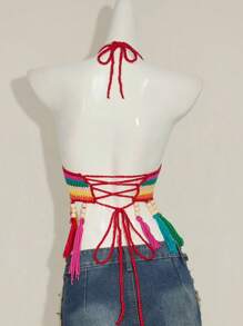 SHEIN ICON 女士全印花流苏装饰夏季无袖钩针背心彩虹条纹吊带衫7月4日假日夏季 - 彩色 - 查看 2