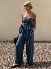 Livesso 2pcs Women's Summer Camisole And Long Pants Set Vacation - Navy Blue - View 2