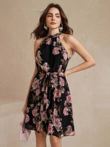 Amorya Của phụ nữ In hoa Halter Neck Đầm - màu đen - Xem 7