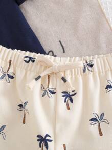 Cozy Pixies 2pcs Baby Boy Coconut Tree Pattern Knitted Soft Round Neck Short Sleeve Top And Elastic Waist Shorts Set