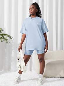 SHEIN 2 pièces Ensemble top tricoté uni et short pour adolescente