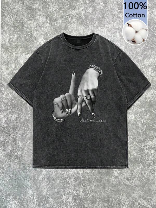 Tseoso Tricou casual Hiphop LA Los Angeles Gesture Print oversize, 100% bumbac, cu gât rotund, cu mânecă scurtă, pentru femei, vară