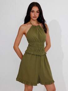 Roylia Fashionable Cotton Pleated Ruffles Halter Romper - Army Green - View 3