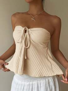 Siren Gaze Áo thun nữ màu trơn buộc vai phía trước có họa tiết xếp nếp - Màu be - Xem 4